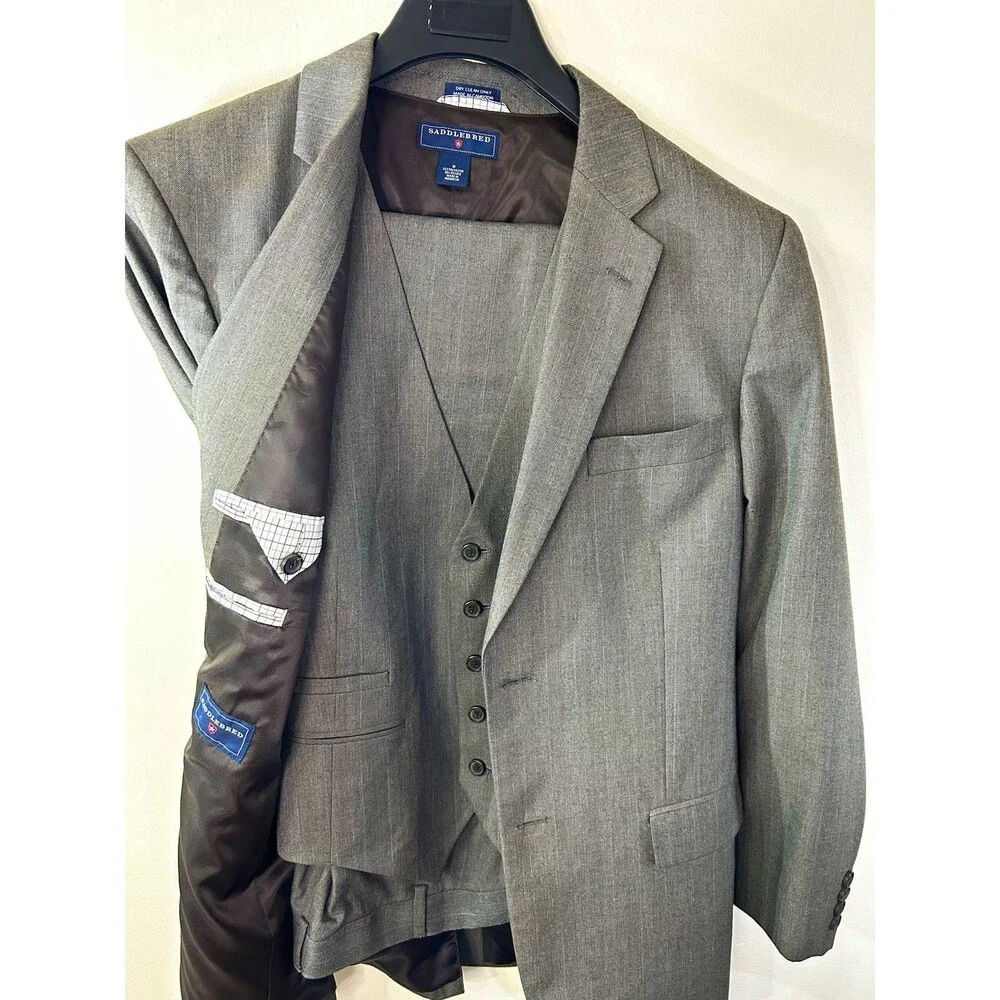 Saddlebred Brown Gray Herringbone 3-Piece Suit 42L Single-Breasted Pants 34x32